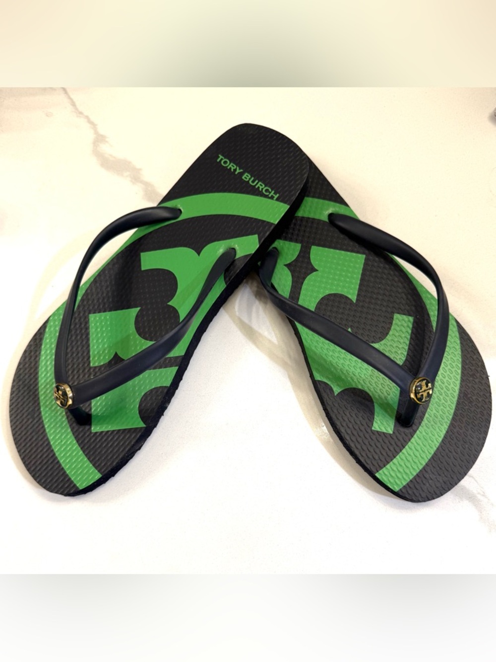 Brand New!Tory Burch Navy Blue & Green Logo Flip Flops-Size 8 - Picture 5 of 6